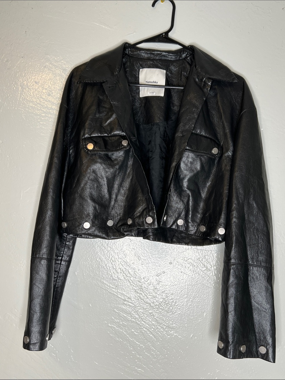Nanushka Black Cropped Leather Jacket with Classic Collar READ